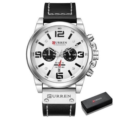 CURREN 8314 Waterproof Sport Watch Genuine Leather Watchs BushLine silver white  