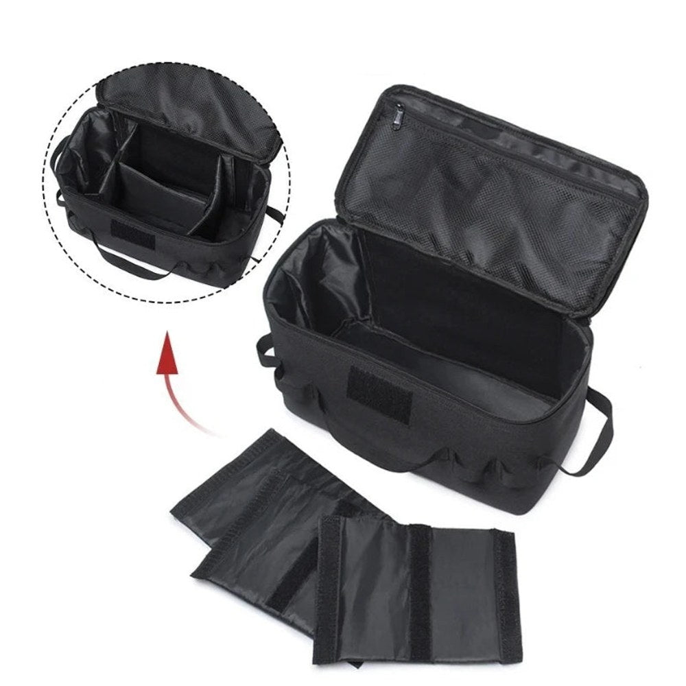 Black camp kitchen bag with its two removable dividers taken out