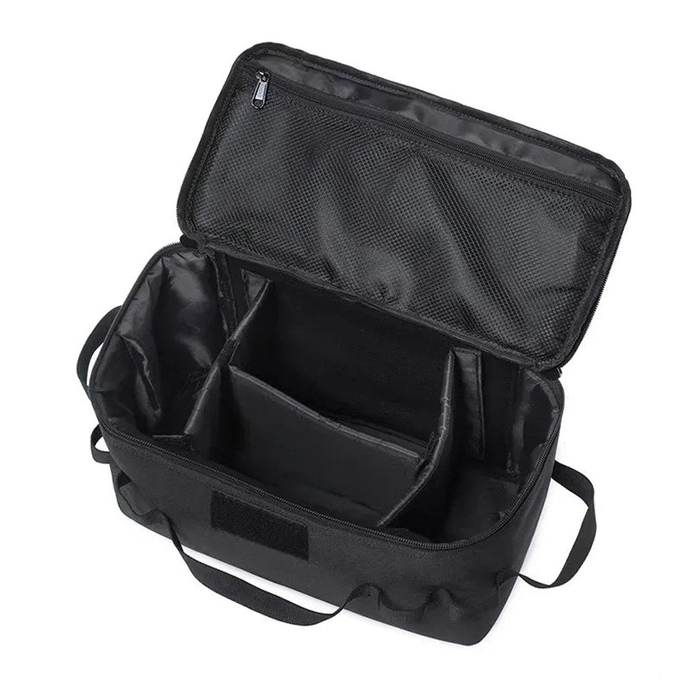 Black camp kitchen bag open with the dividers in place and the mesh pocket in the lid