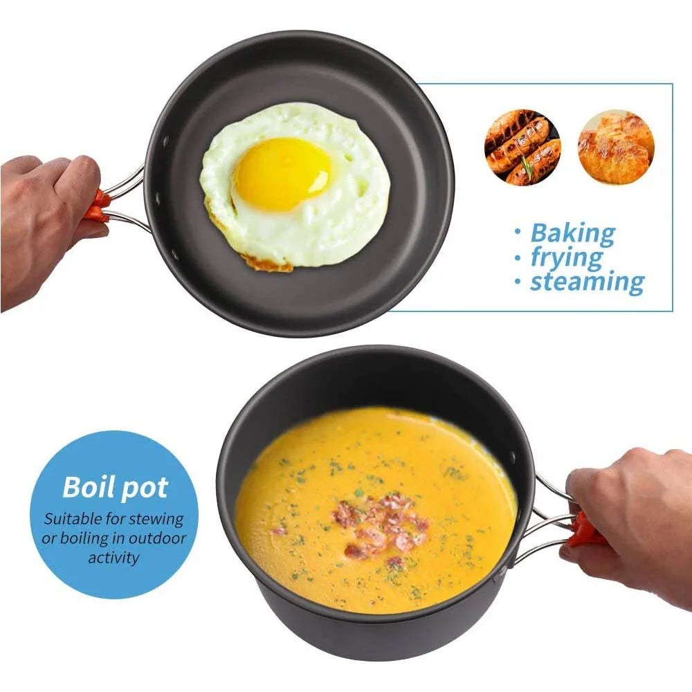 Egg frying in the camping pan and an egg dish in the pot over a flame