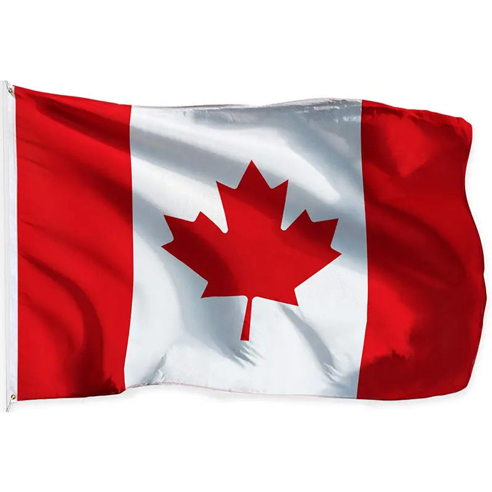 Canadian flag in printed polyester: red maple leaf on white; white header strip with metal eyelets at left