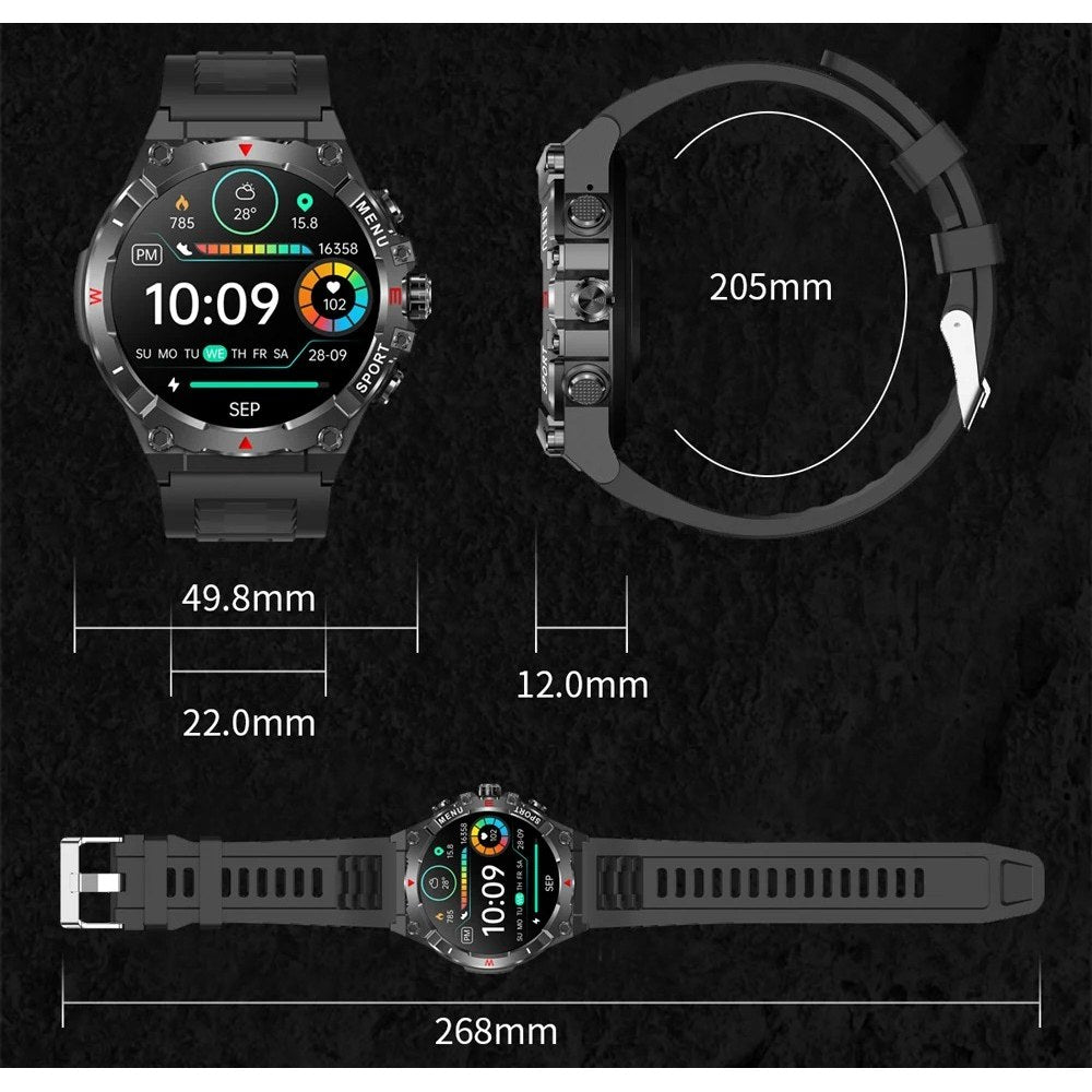 COLMI V76 dimension drawing: 49.8 mm case, 12.0 mm thick, 22 mm strap, 268 mm overall band length