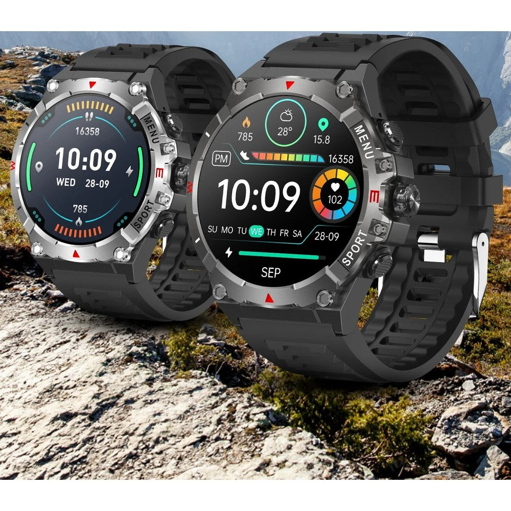 Silver and black COLMI V76 watches side by side on a rocky mountain ridge