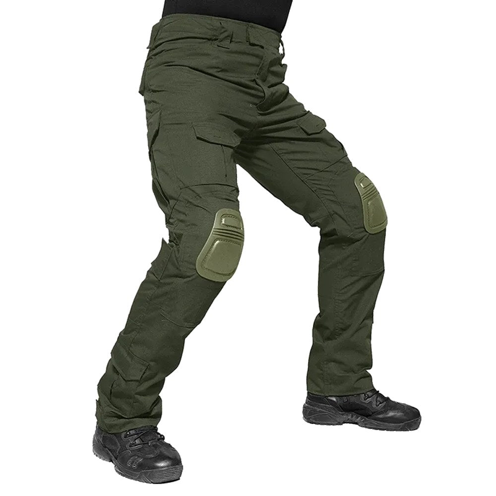 Olive green combat-cut trousers worn with the knee pads fitted
