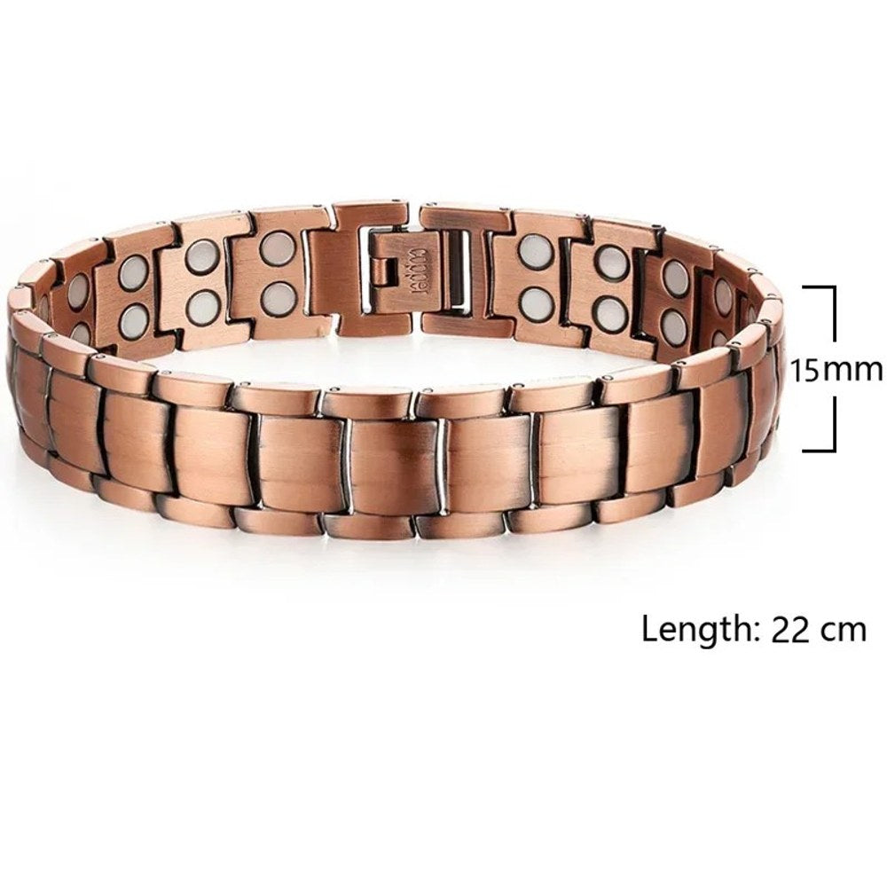 Men's copper link bracelet with plain brushed bar links, width and length marked