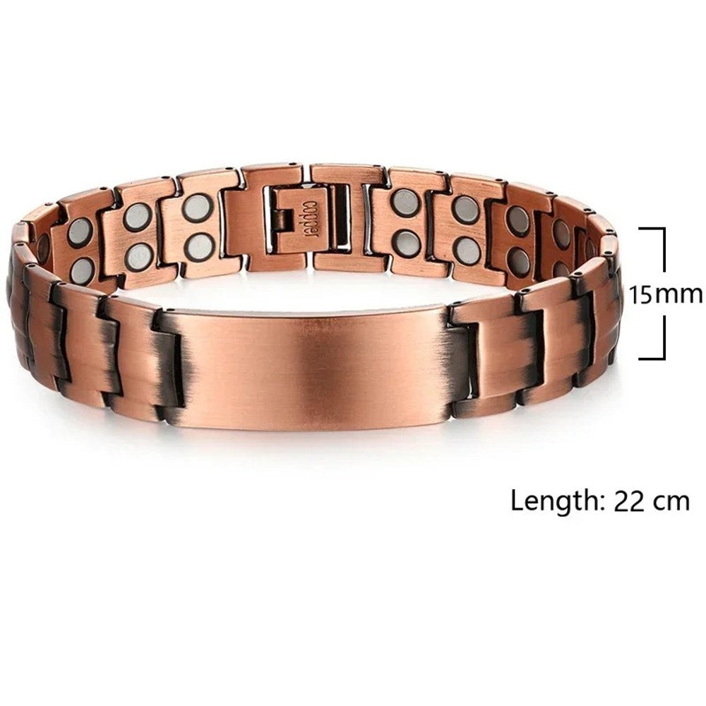 Men's copper link bracelet with a plain copper centre plate, width and length marked