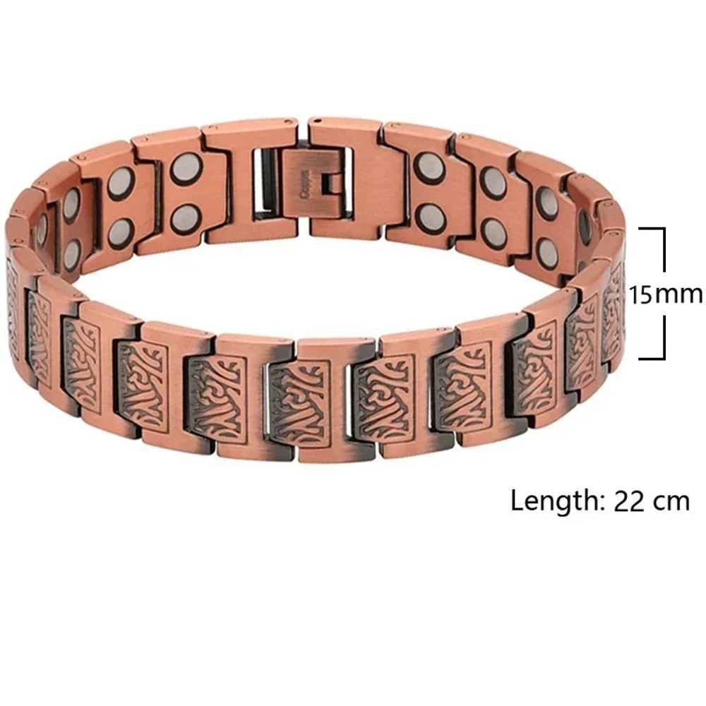 Men's copper link bracelet with engraved scroll panels, width and length marked