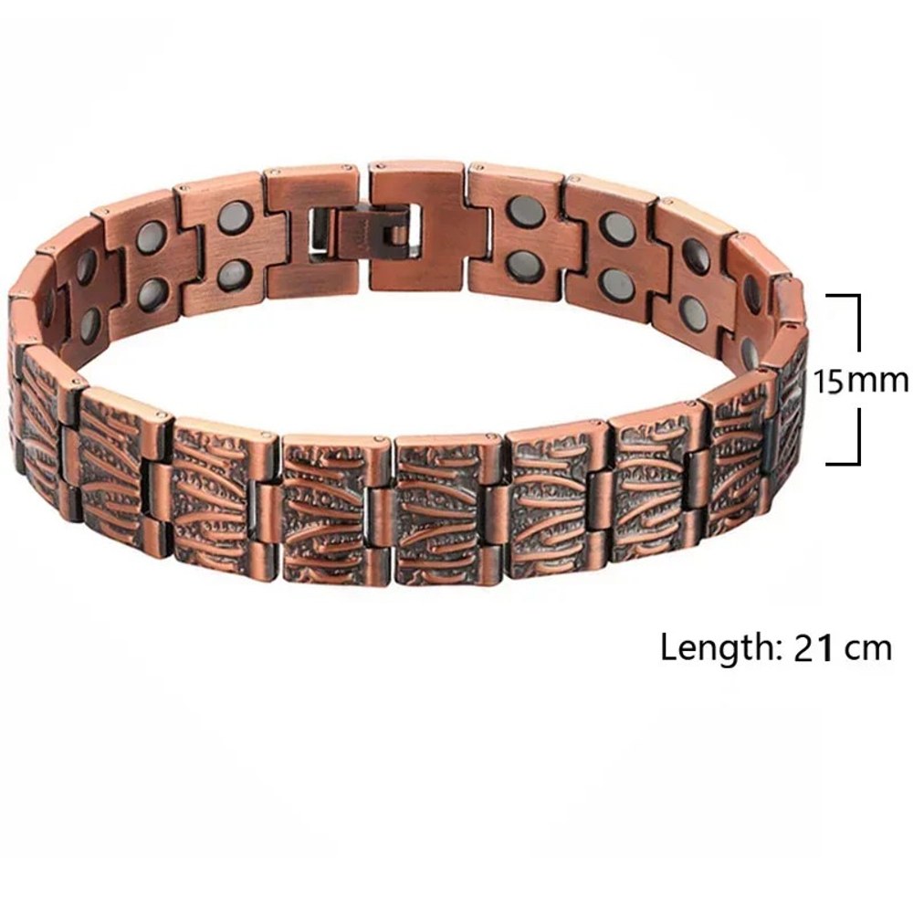 Men's copper link bracelet with engraved wave panels, width and length marked