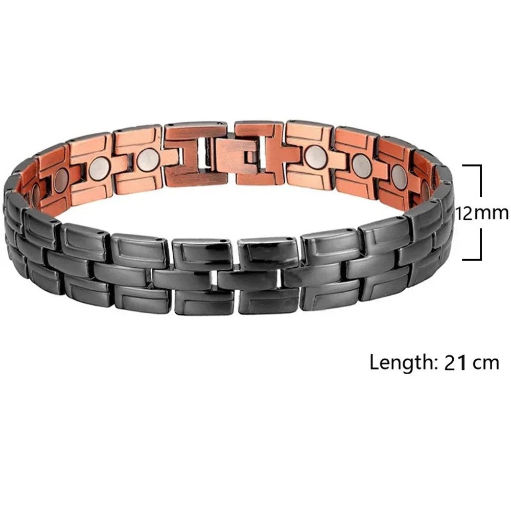 Men's copper link bracelet with a gunmetal outer face on brick-style links, width and length marked
