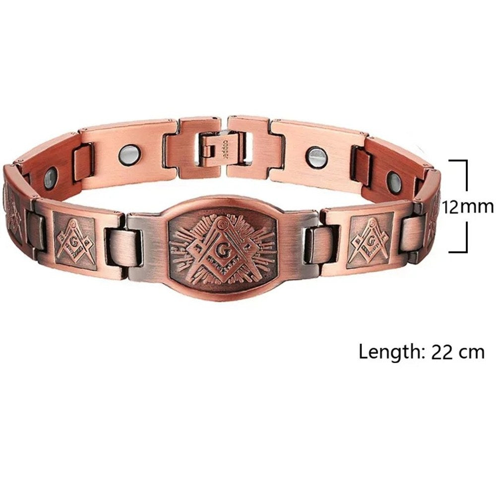 Men's copper link bracelet with a square-and-compass emblem on the centre medallion, width and length marked