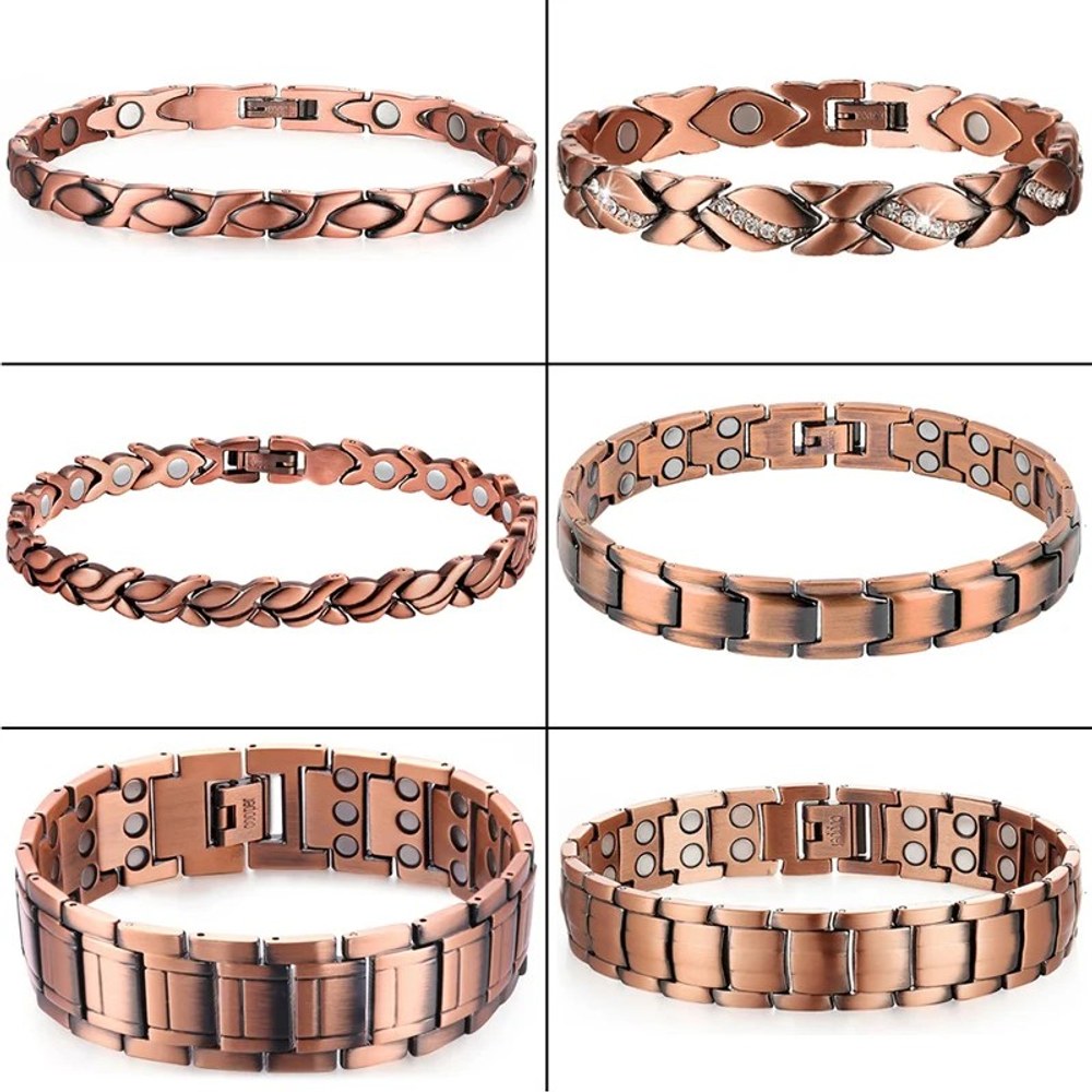 Six of the copper link bracelet styles side by side, from slim women's links to wide men's bands