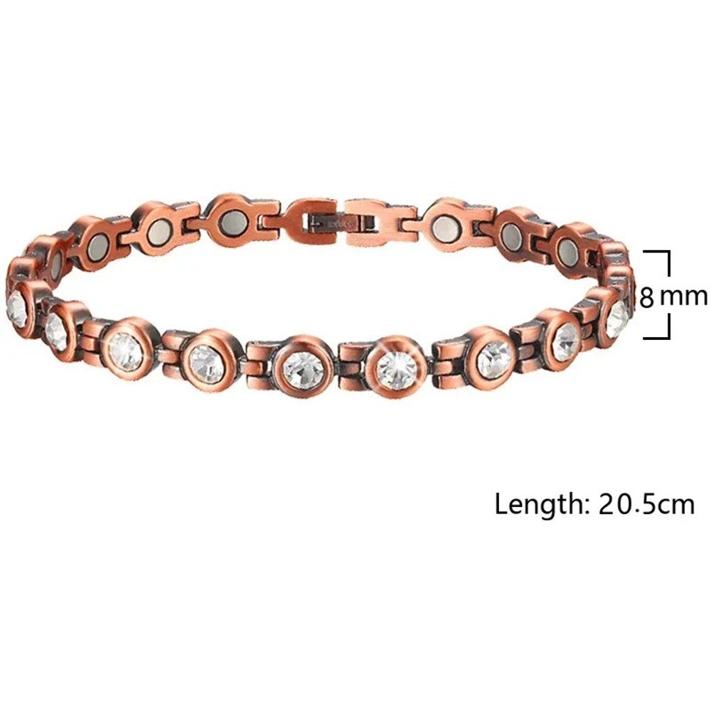 Women's copper link bracelet with round links set with clear stones, width and length marked