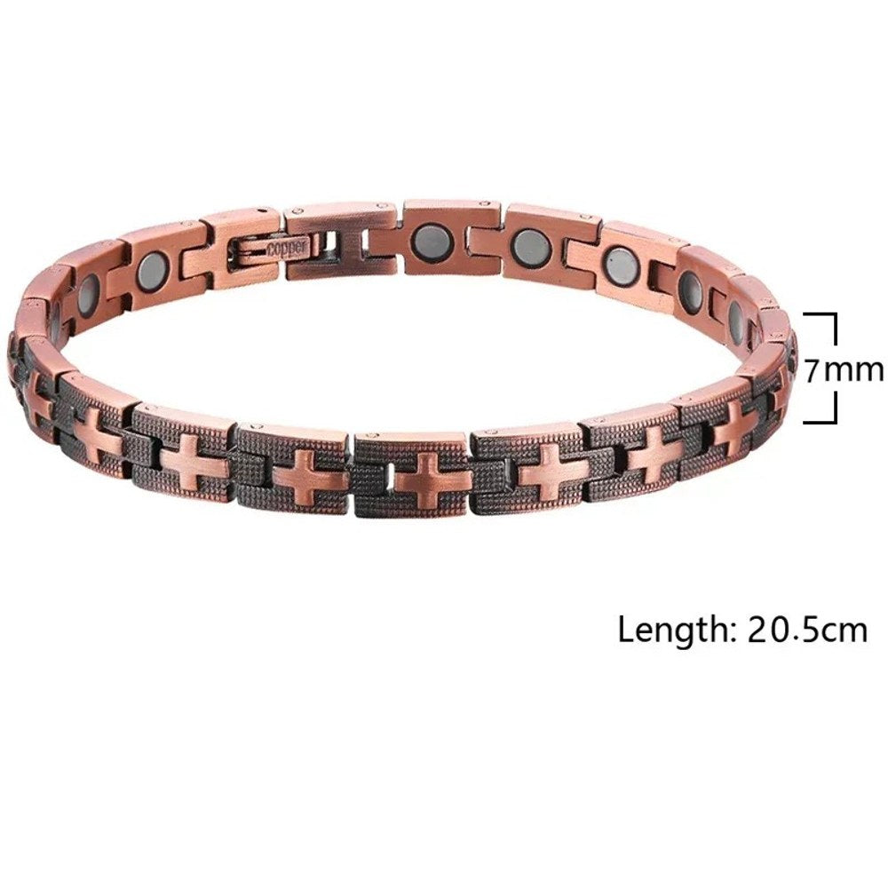 Women's copper link bracelet with a row of crosses on a darkened band, width and length marked