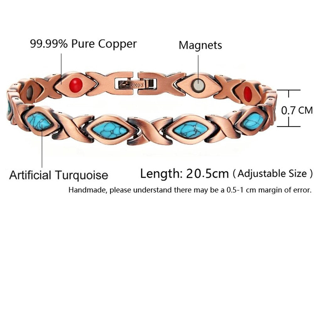Women's copper link bracelet with X-shaped links set with artificial turquoise, width and length marked