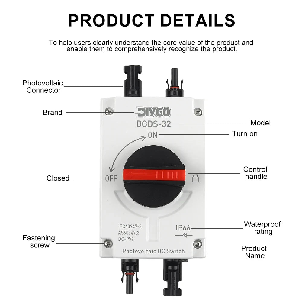 DGDS-32 isolator front with its parts labelled: MC4 connectors, model, on and off positions, control handle, IP66 marking and fastening screws