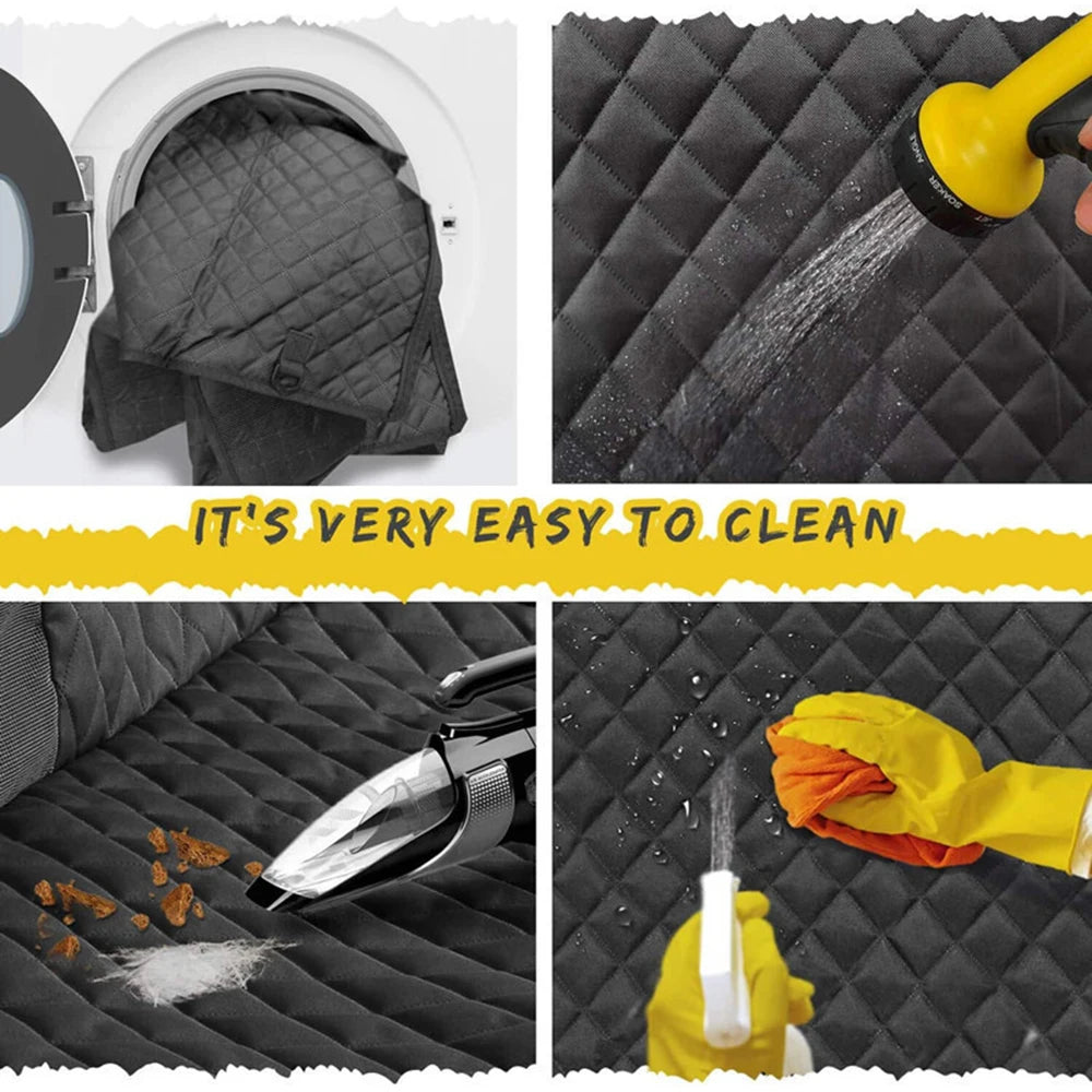 Four cleaning photos of the quilted cover: in a washing machine, hosed with water, vacuumed, and sprayed and wiped