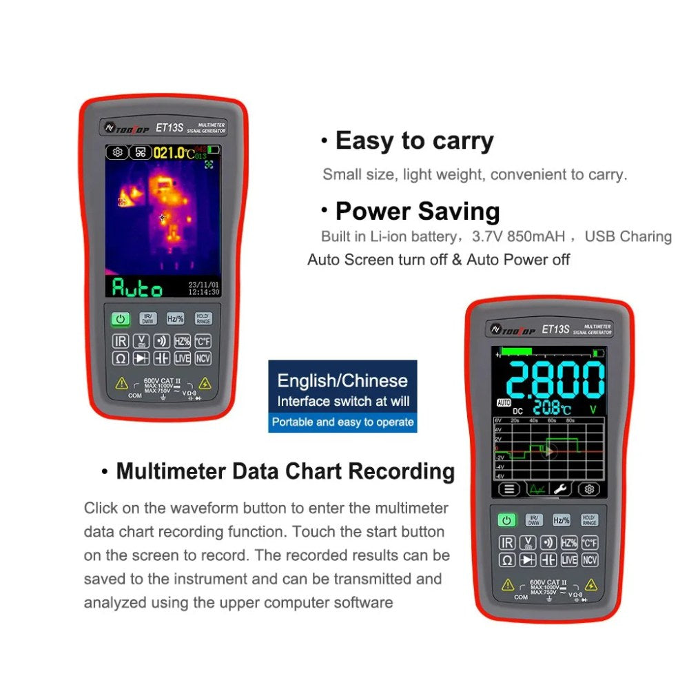 ET13S with built-in 850 mAh battery and USB-C charging, recording a multimeter reading as a chart on screen