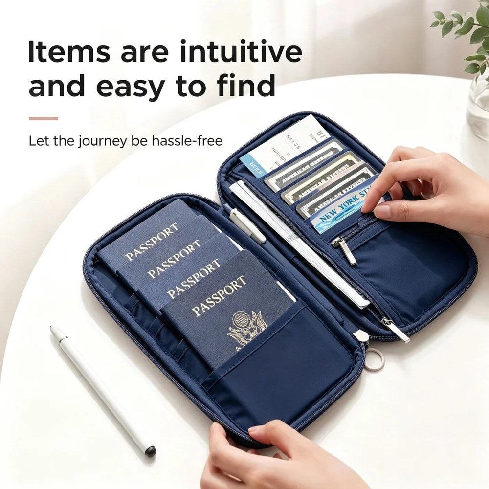 Hands sliding a ticket into the open wallet holding four passports and a pen