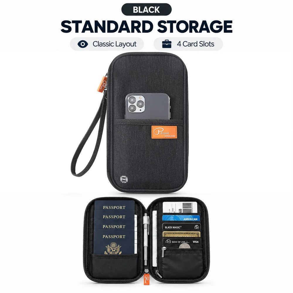 Black family travel wallet, standard layout: closed with a wrist strap, and open with four passports and four card slots