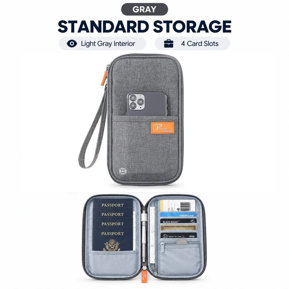 Grey family travel wallet, standard layout with a light grey inside and four card slots