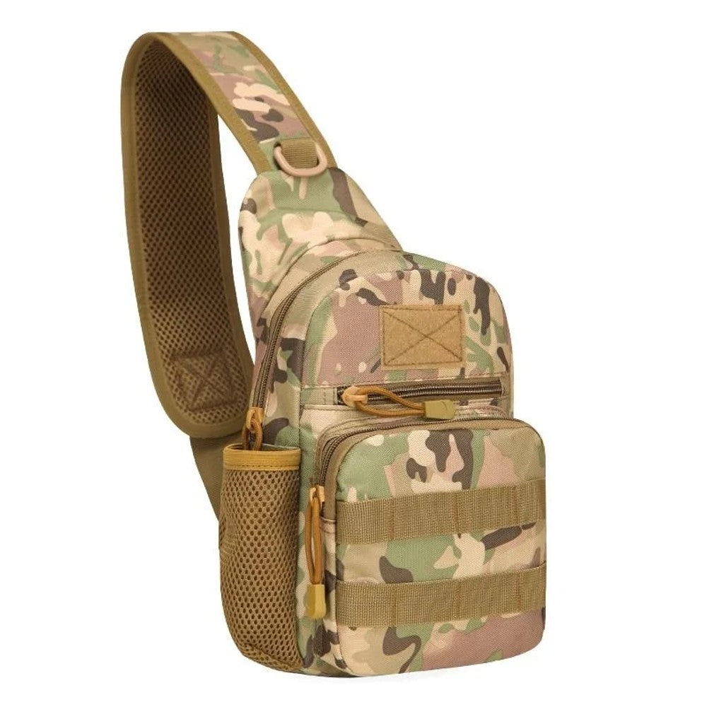 CP camouflage 900D sling backpack with tan straps and MOLLE webbing