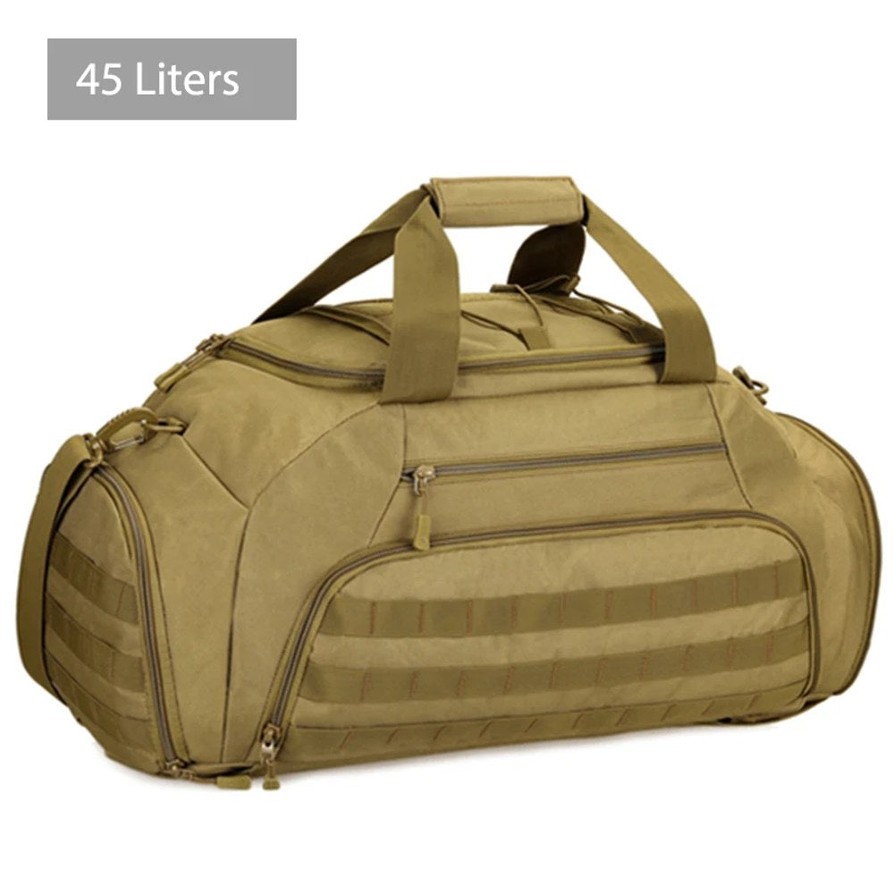 Khaki 45 litre duffel backpack with carry handles, a zipped front pocket and webbing across the front