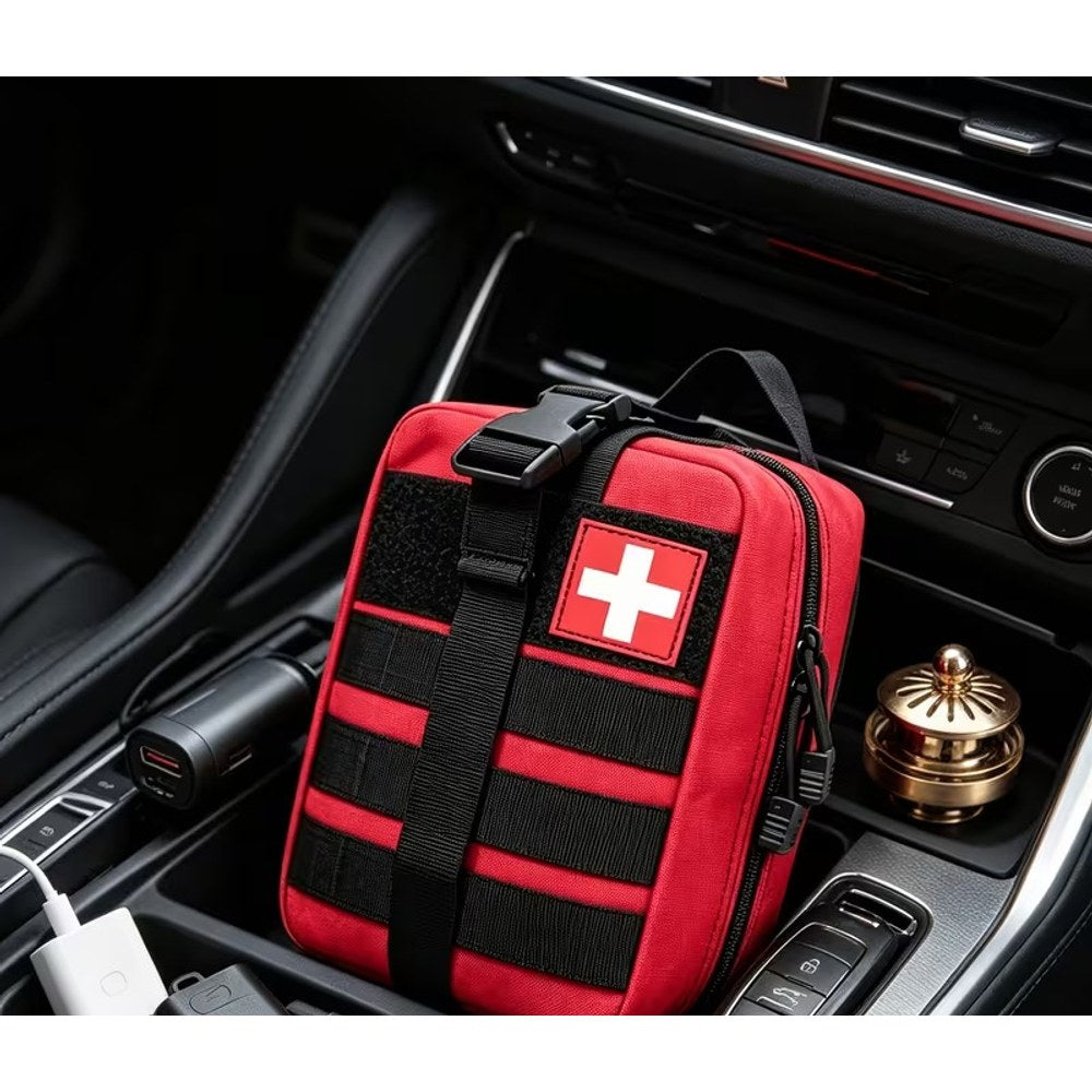 Red first aid bag sitting in a car's centre console beside a phone charger and the car key