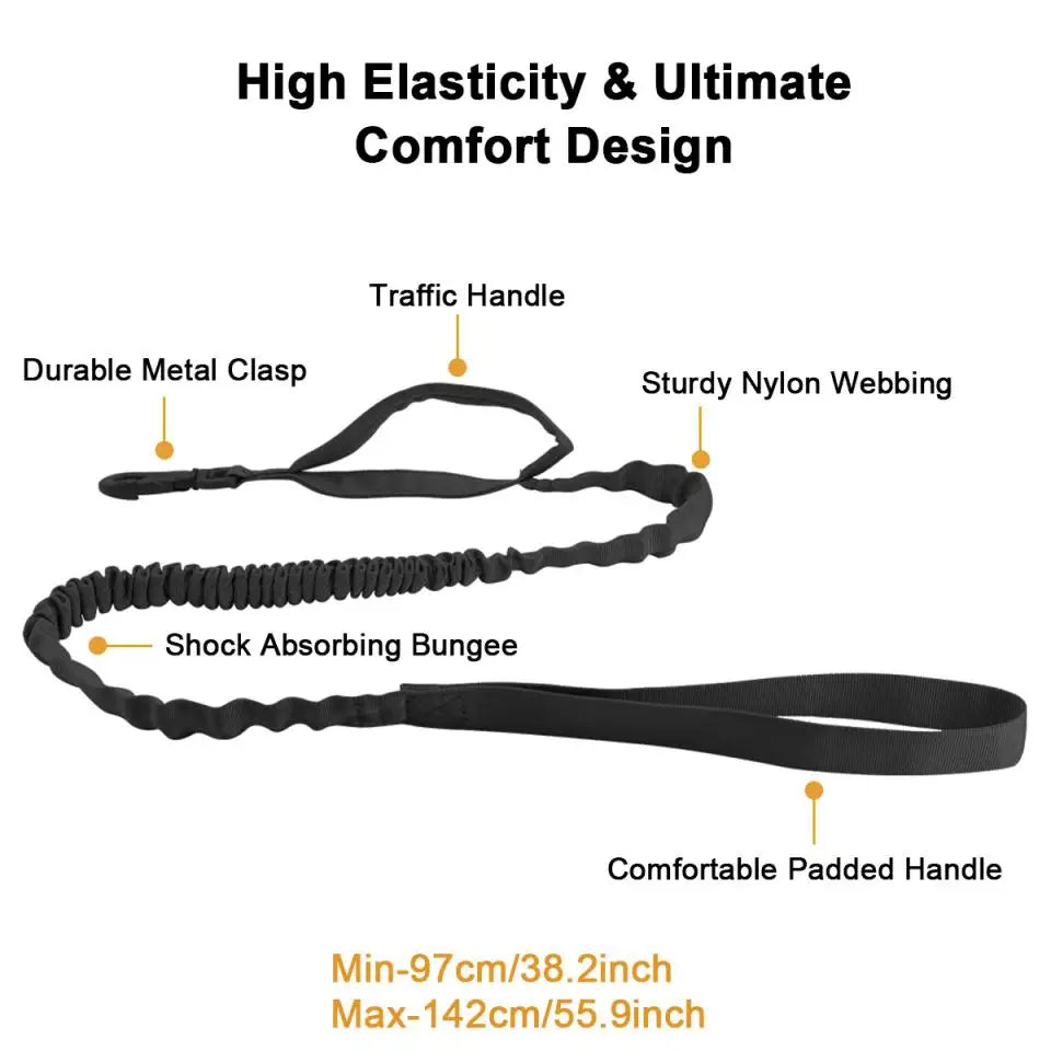 Green bungee lead laid flat, showing the elastic section and marked length range