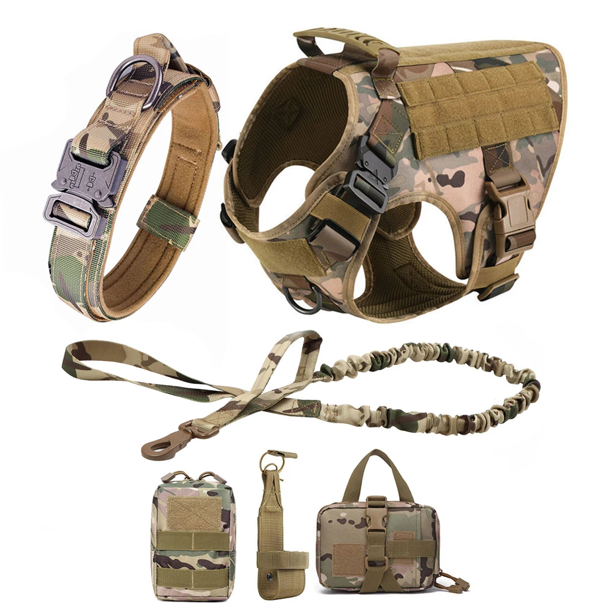 Camo four-piece set: harness, padded collar, bungee lead and three MOLLE pouches