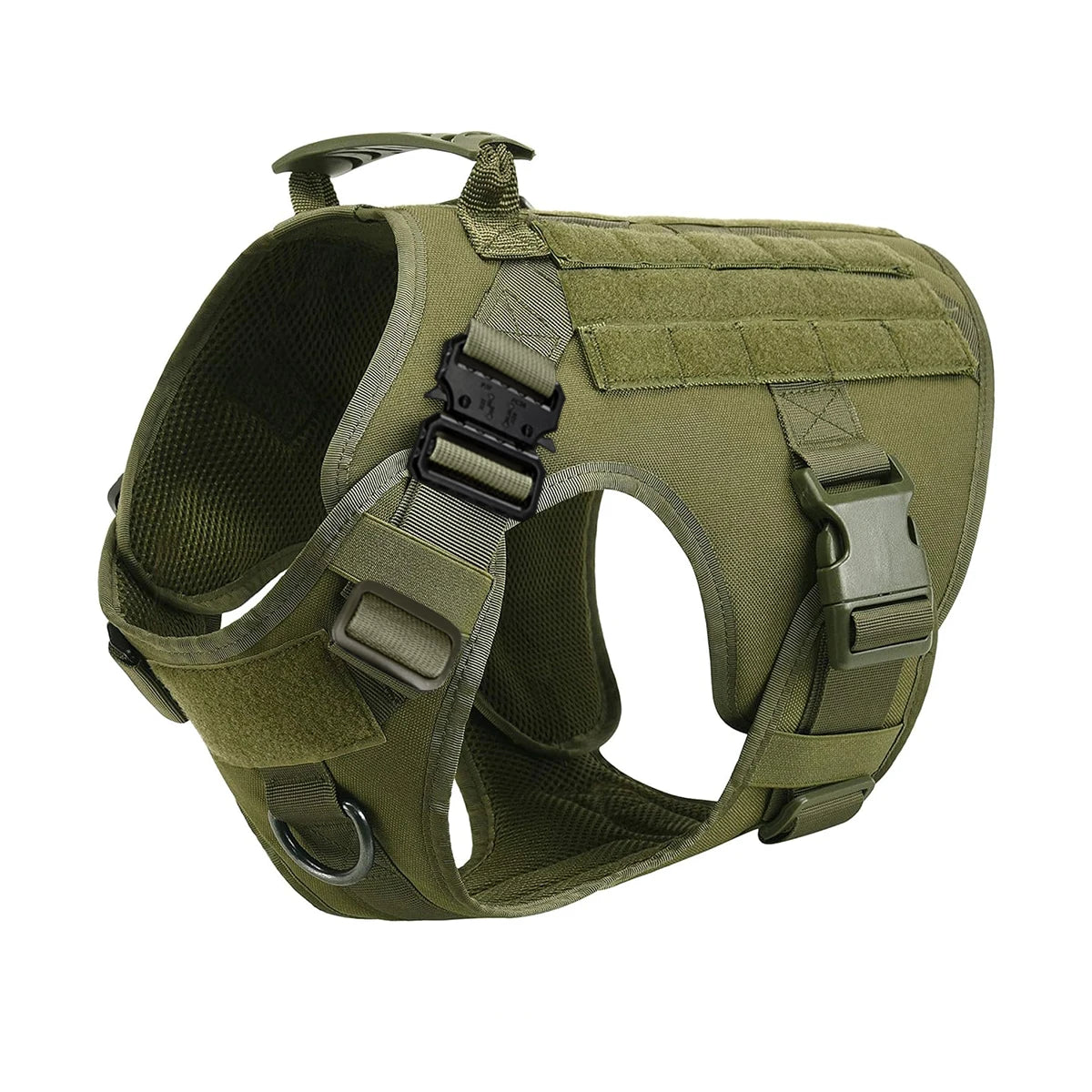 Green harness alone, three-quarter view showing MOLLE rows and moulded grab handle