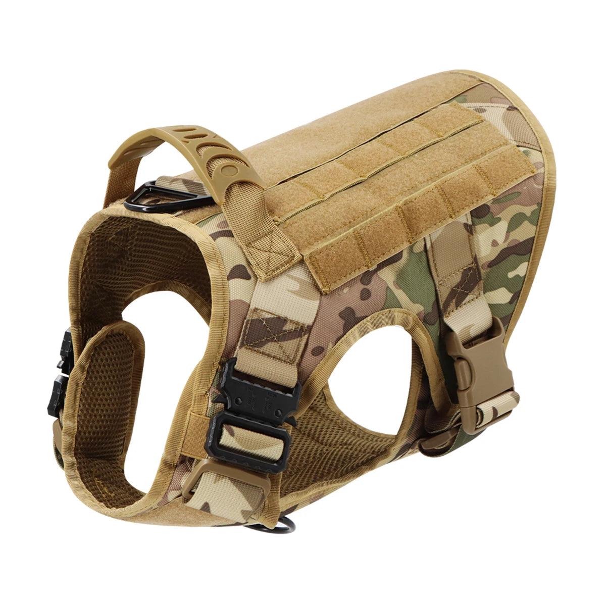 Camo harness alone, three-quarter view showing hook-and-loop panels and mesh lining