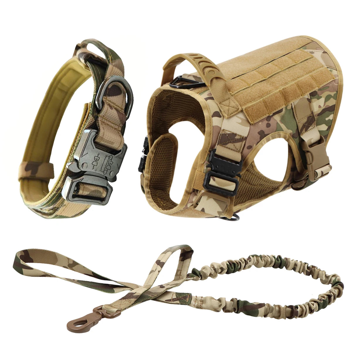 Camo three-piece set: harness, padded collar with metal buckle and bungee lead