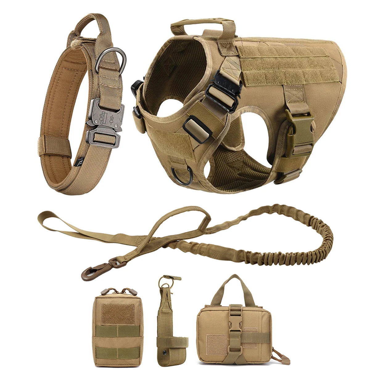 Brown four-piece set: harness, padded collar, bungee lead and three MOLLE pouches