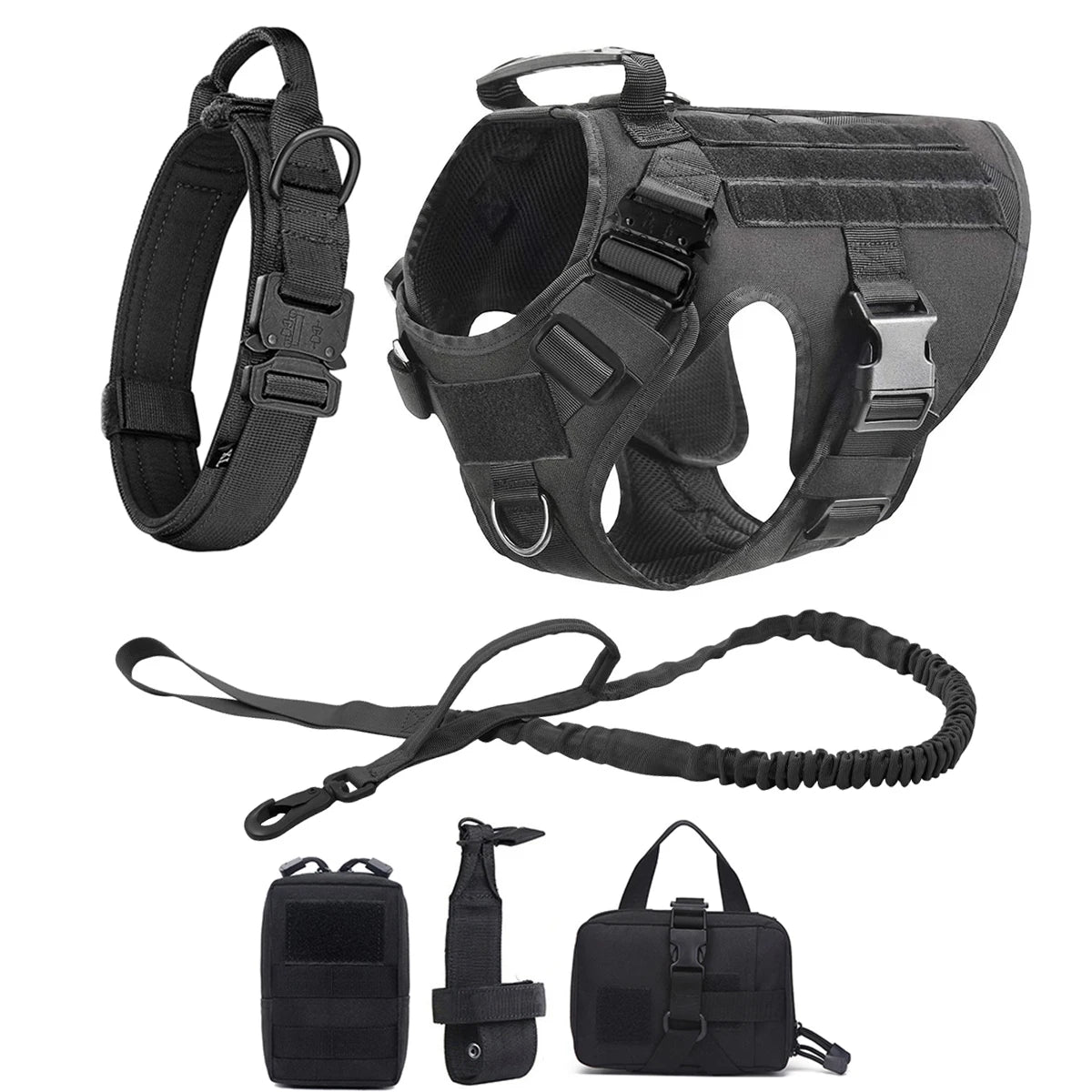 Black four-piece set laid out: harness, collar, bungee lead and three pouches
