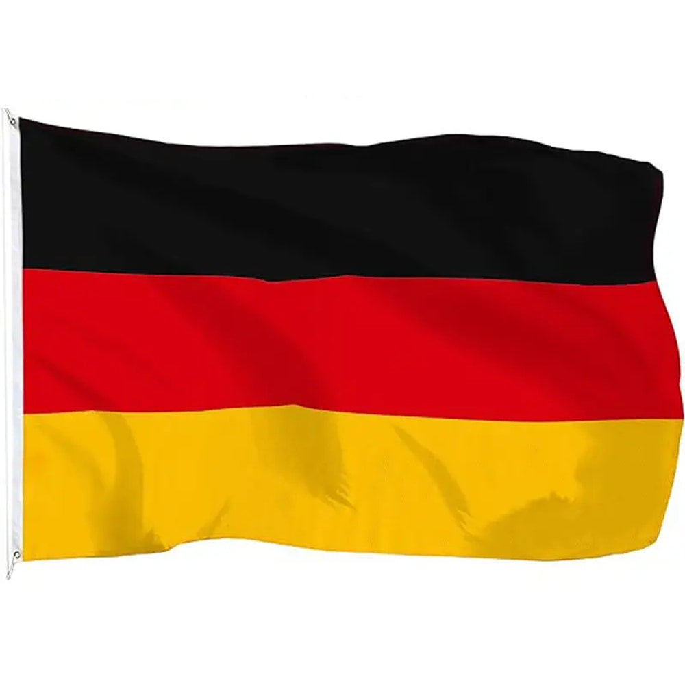 German flag in printed polyester: black, red and gold stripes; white header strip with metal eyelets at left