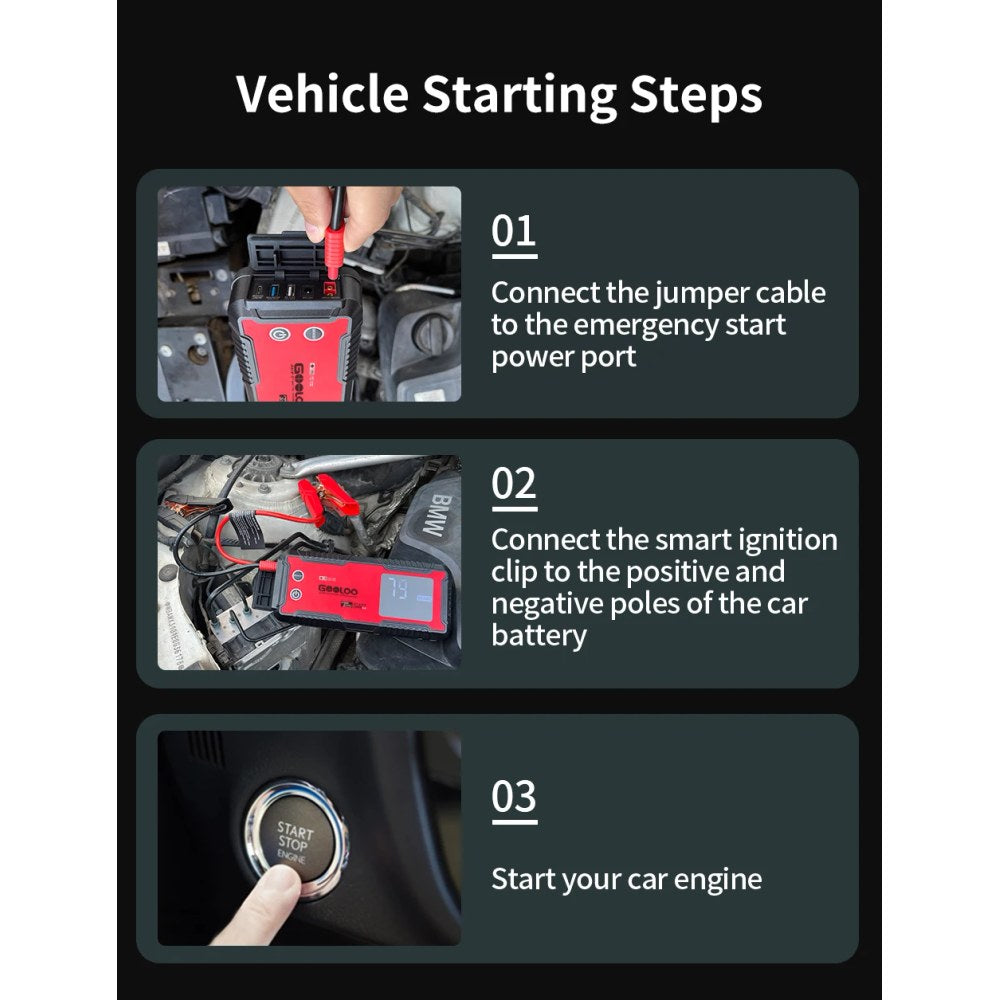 Three steps from the maker: plug the clamp lead into the GT4000, clamp the battery, start the engine