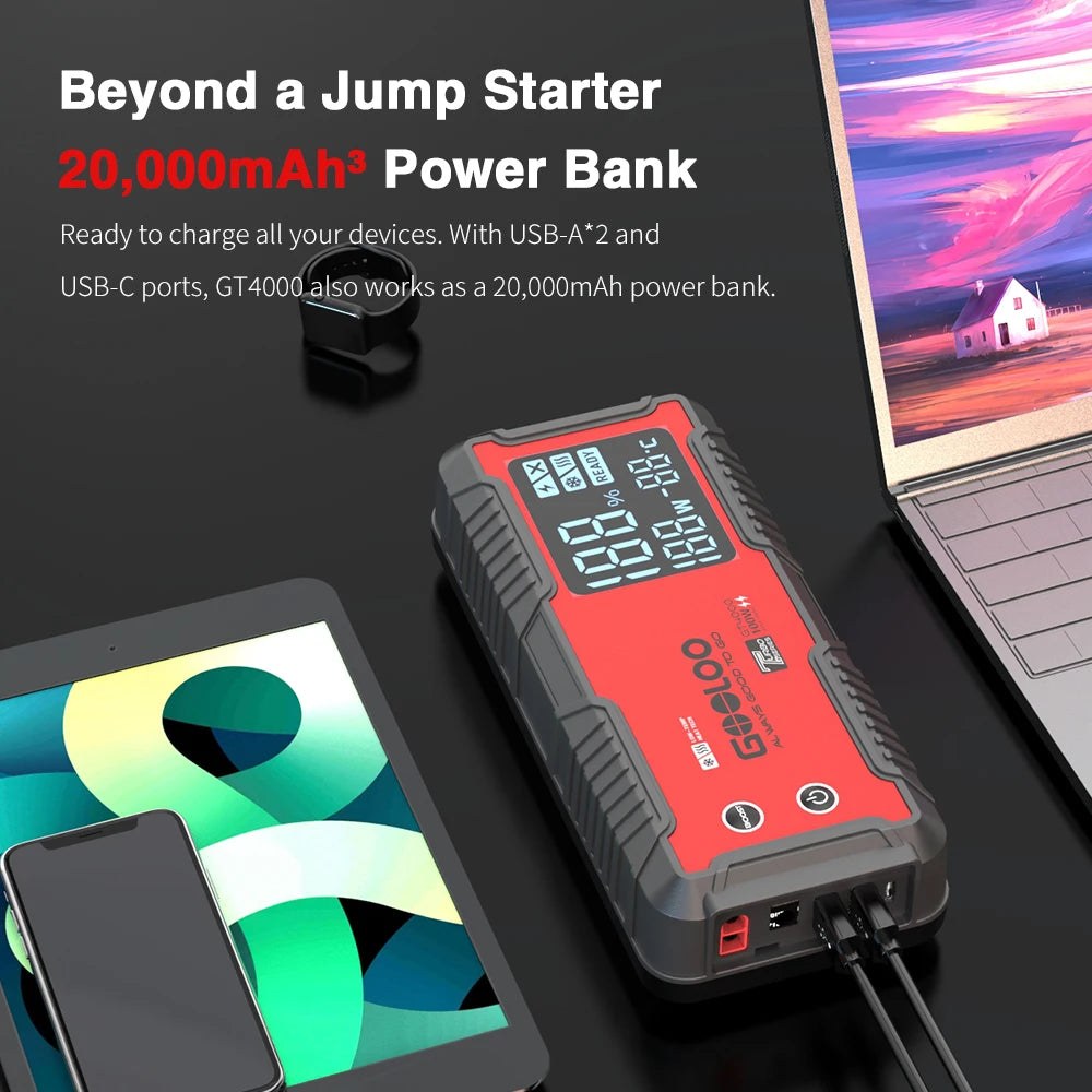 GOOLOO GT4000 used as a 20,000mAh power bank, charging a phone and tablet from its USB ports