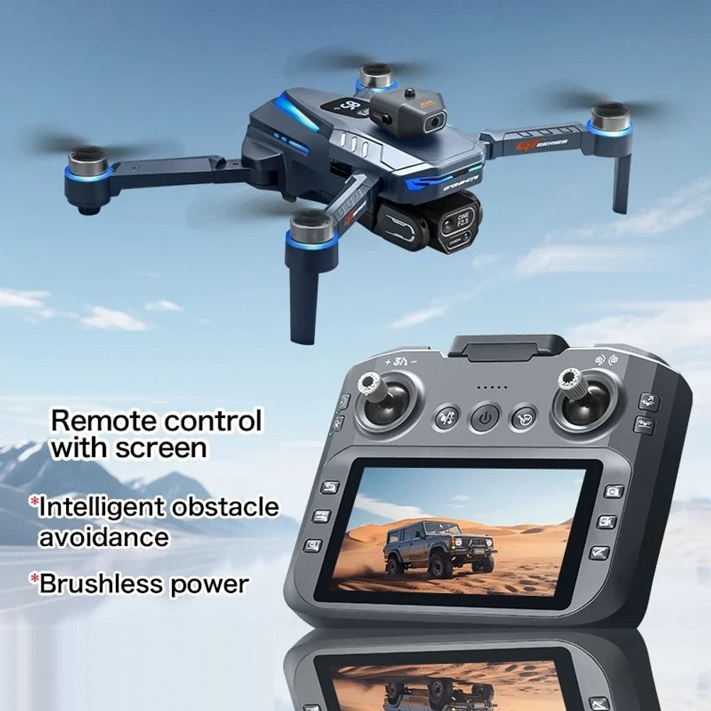 GT8 drone in flight above its remote control with a built-in screen; maker's notes: obstacle avoidance and brushless motors