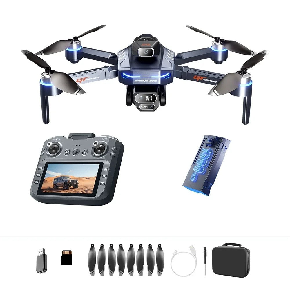 GT8 drone kit: drone, screen remote, one battery, card reader, memory card, eight spare propellers, USB lead, screwdriver and storage case