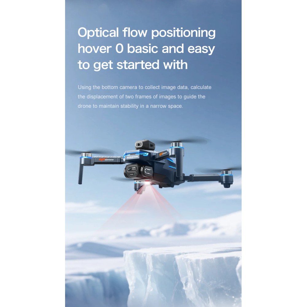 GT8 drone hovering over snow using its downward optical-flow camera