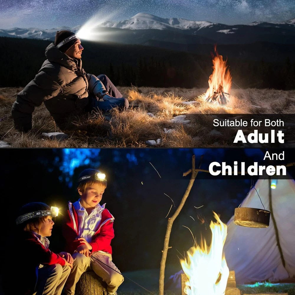 An adult at a mountain campfire and two children by a campfire, all wearing head torches