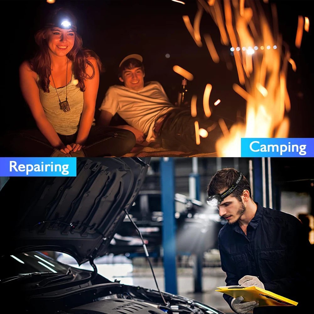 Campers round a fire wearing head torches, and a man working under a car bonnet with one
