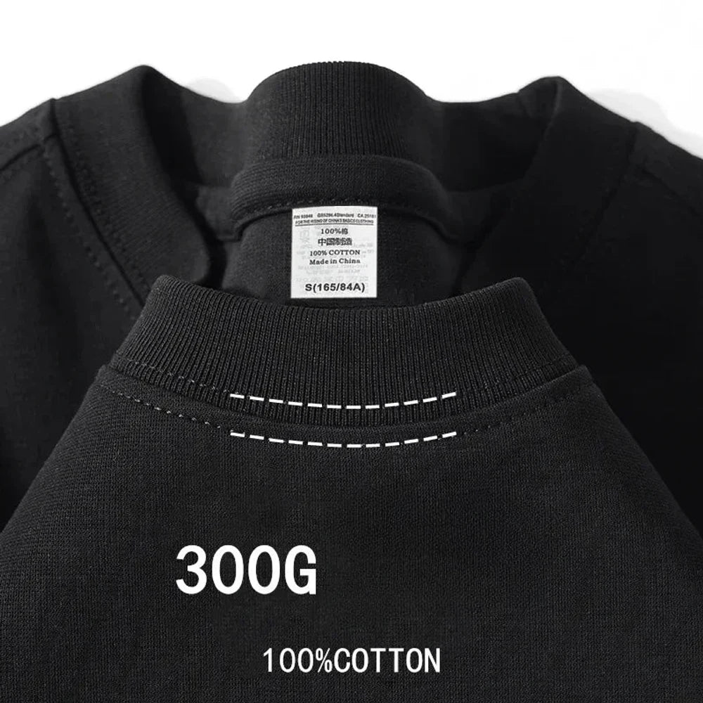 Black heavy cotton tee, collar close-up with twin stitching