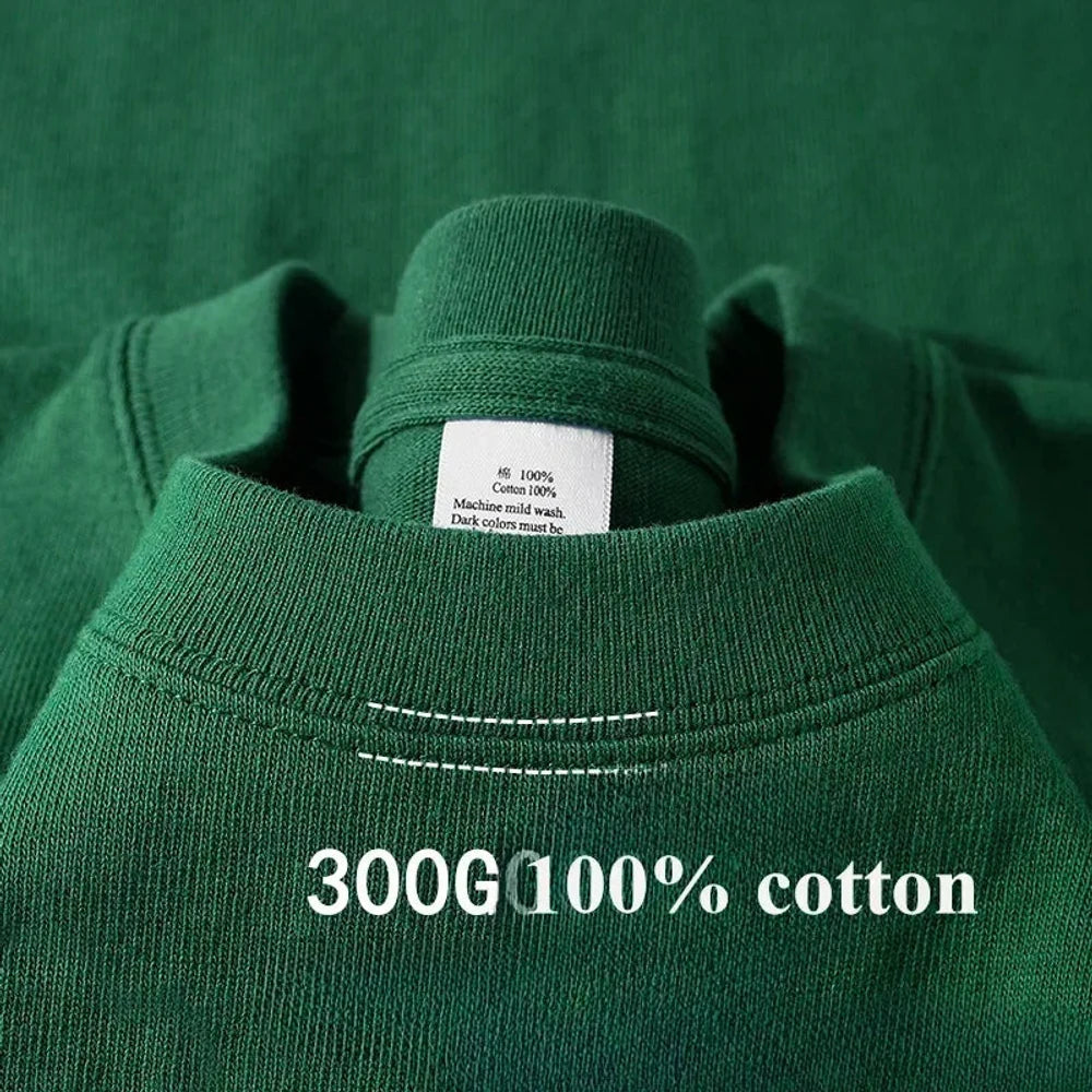 Bottle green heavy cotton tee, collar close-up with twin stitching