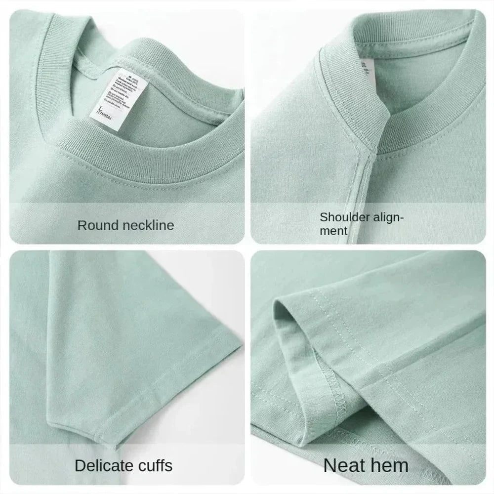 Four close-ups: round ribbed neckline, shoulder seam, sleeve hem and body hem
