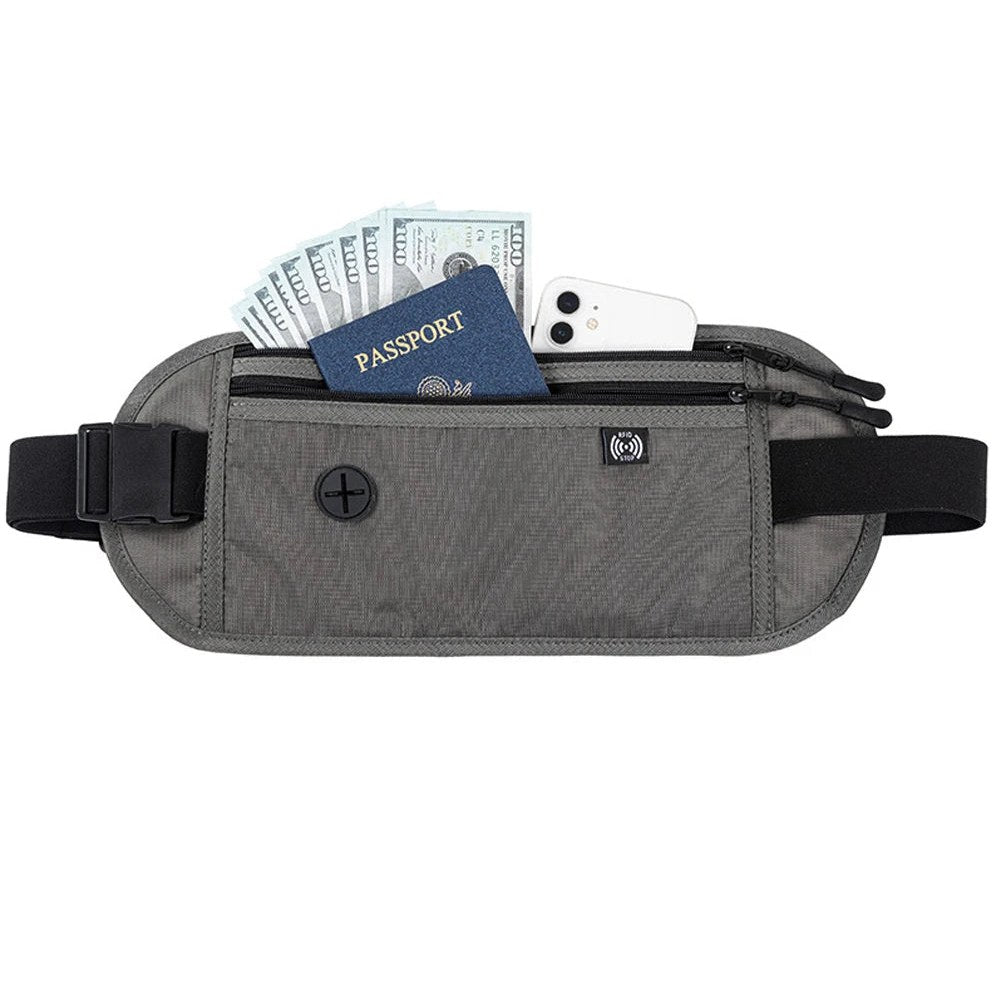 Dark grey money belt with a passport, cash and a phone in the front pocket