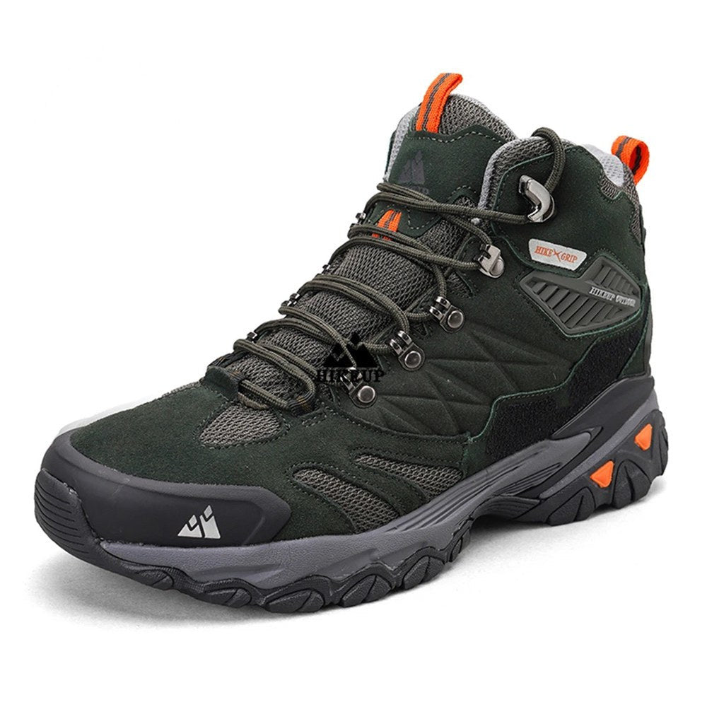 HIKEUP mid-height hiking boot in green: dark green suede and mesh with orange pull loops and sole accents