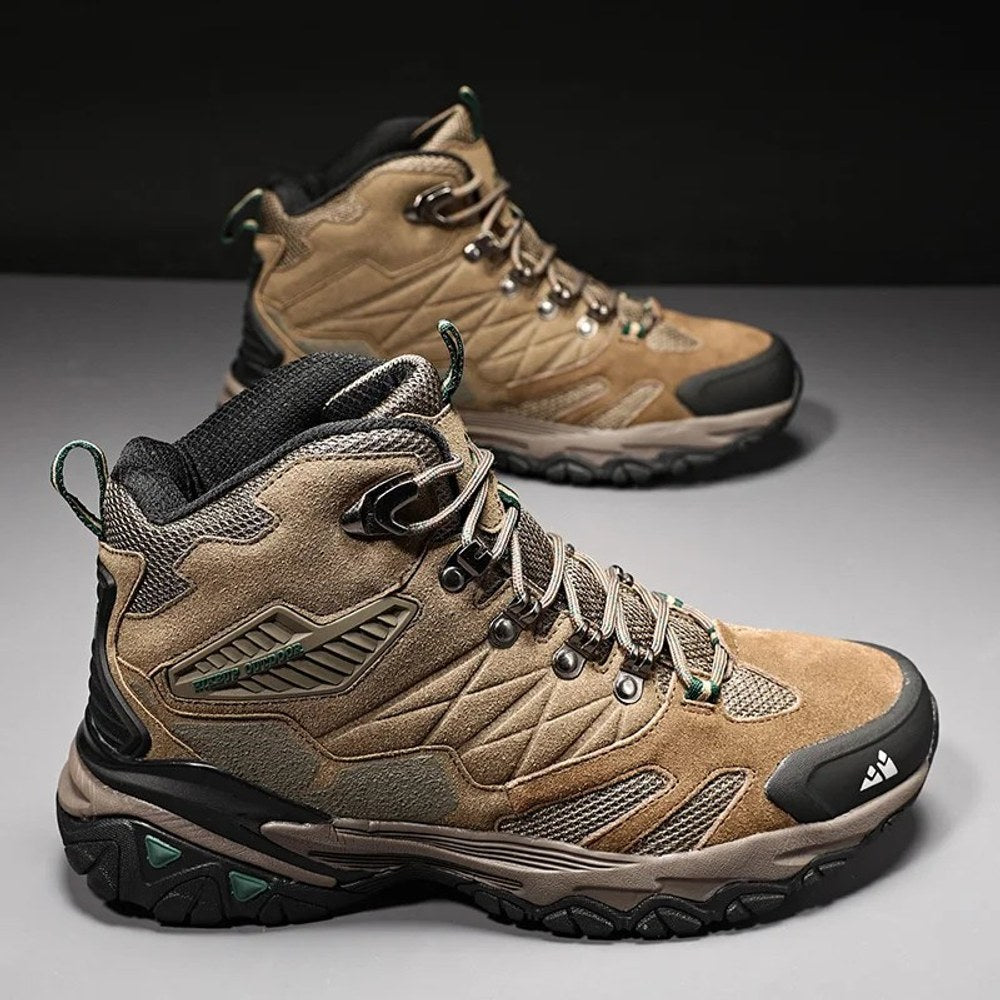 Pair of khaki HIKEUP hiking boots showing the padded collar, top lace hooks and heel pull loop