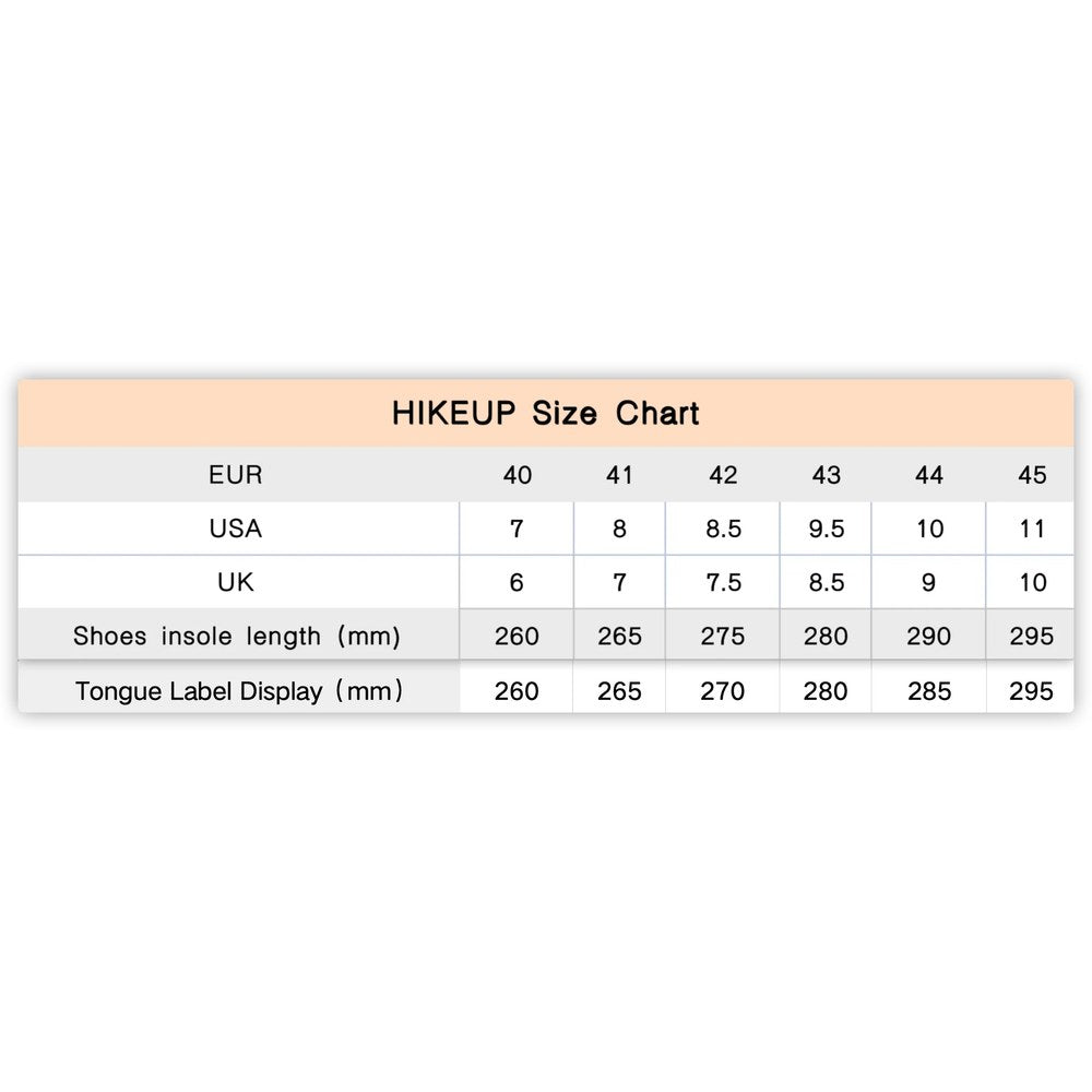 HIKEUP size chart: EU 40 to 45 with US and UK sizes, insole length and tongue-label foot length in mm