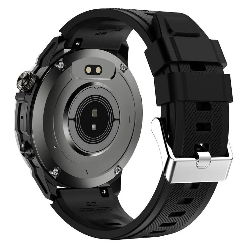 Back of the HK08 watch with the optical heart-rate sensor, two charging contacts and 22 mm strap
